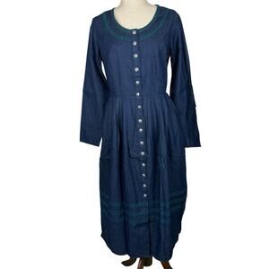 Lanz of Salzburg Dress Women Small Denim Plaid Trim Modest Button Down Peasant